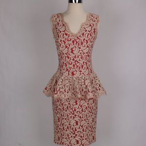 Vtg Tadashi 80's Red Lace Illusion Fitted Bodycon Ruffled Party Dress Gown Prom